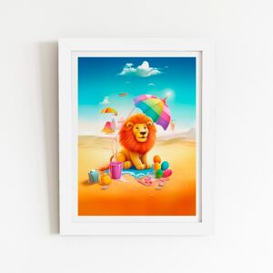 WRT Ltd Lion On A Beach Holiday Art Prints - 12" x 16" - White frame WRT Ltd Lion On A Beach Holiday Art Prints - 12" x 16" - White frame
