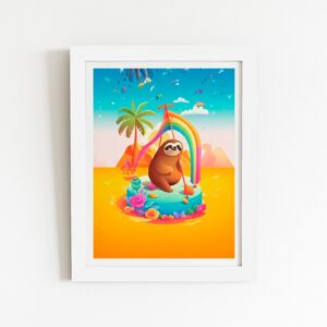 WRT Ltd Sloth On A Beach Holiday Art Prints - 12" x 16" - White frame WRT Ltd Sloth On A Beach Holiday Art Prints - 12" x 16" - White frame