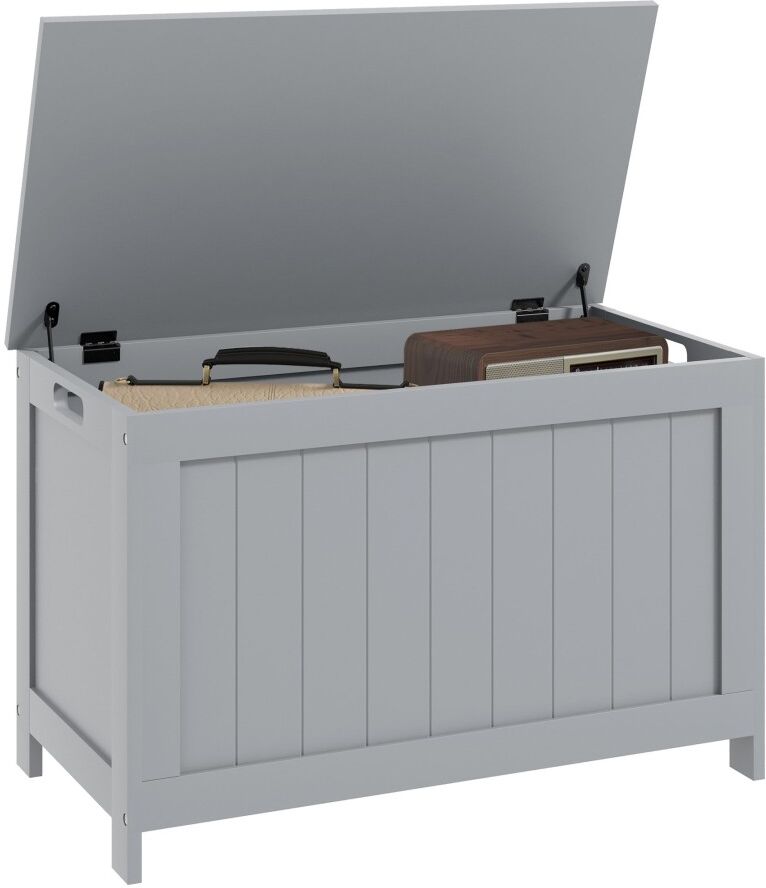MHSTAR UK LTD HOMCOM Storage Chest, Modern Storage Trunk with 2 Safety Hinges and Cut-out Handles, Wooden Toy Box for Living Room, Entryway, 76 x 40 x 48 cm, Grey