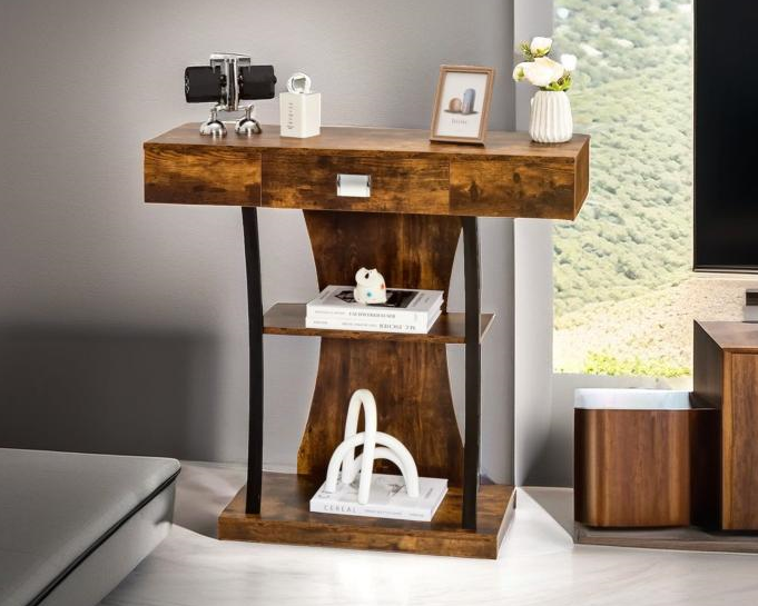 HMS precious limited Rustic Brown Console Table with Drawer and Shelves T Shape Hallway Entryway Sofa Side Table