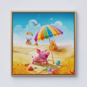 WRT Ltd Pig On A Beach Holiday Framed Canvas - 10" x 10" - Pine WRT Ltd Pig On A Beach Holiday Framed Canvas - 10" x 10" - Pine