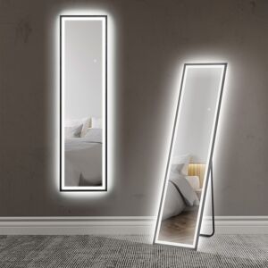 MHSTAR UK LTD HOMCOM Full Length Mirror with LED Lights, 150 x 40cm Free Standing Mirror with Dimming and 3 Colour Lighting, Leaning or Wall Mirror with Metal Frame