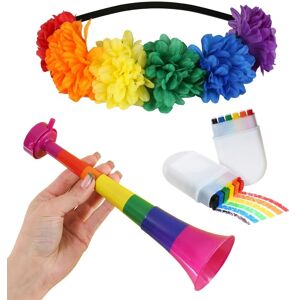 I Love Fancy Dress Pride Celebration Set – Rainbow Flower Headband, Extendable Vuvuzela & Long-Lasting Face Paint Stick