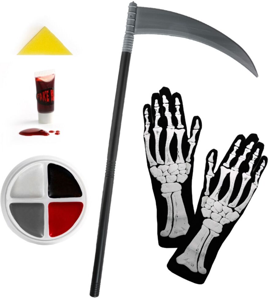 I Love Fancy Dress Reaper Accessory Set - Skeleton Gloves, Scythe & Face Paint