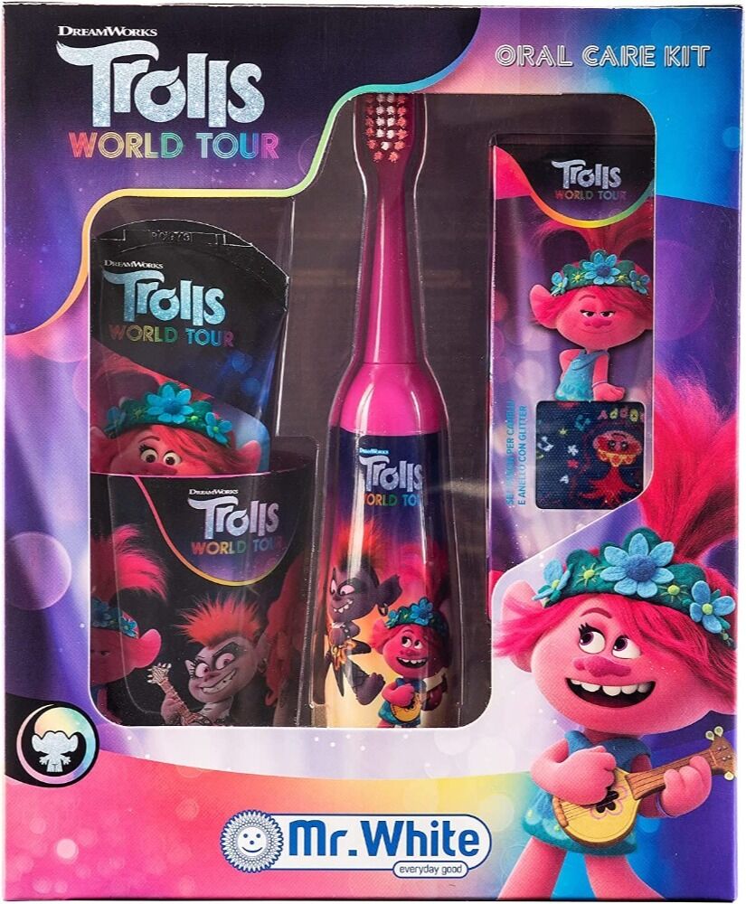 KP PHARMA LTD Mr.White Trolls World Tour Gift Pack - Oral Care Kit with Kids Toothpaste, Kids Battery Toothbrush, 1 Beaker, and 1 Headband & Glittering Ring - for 4