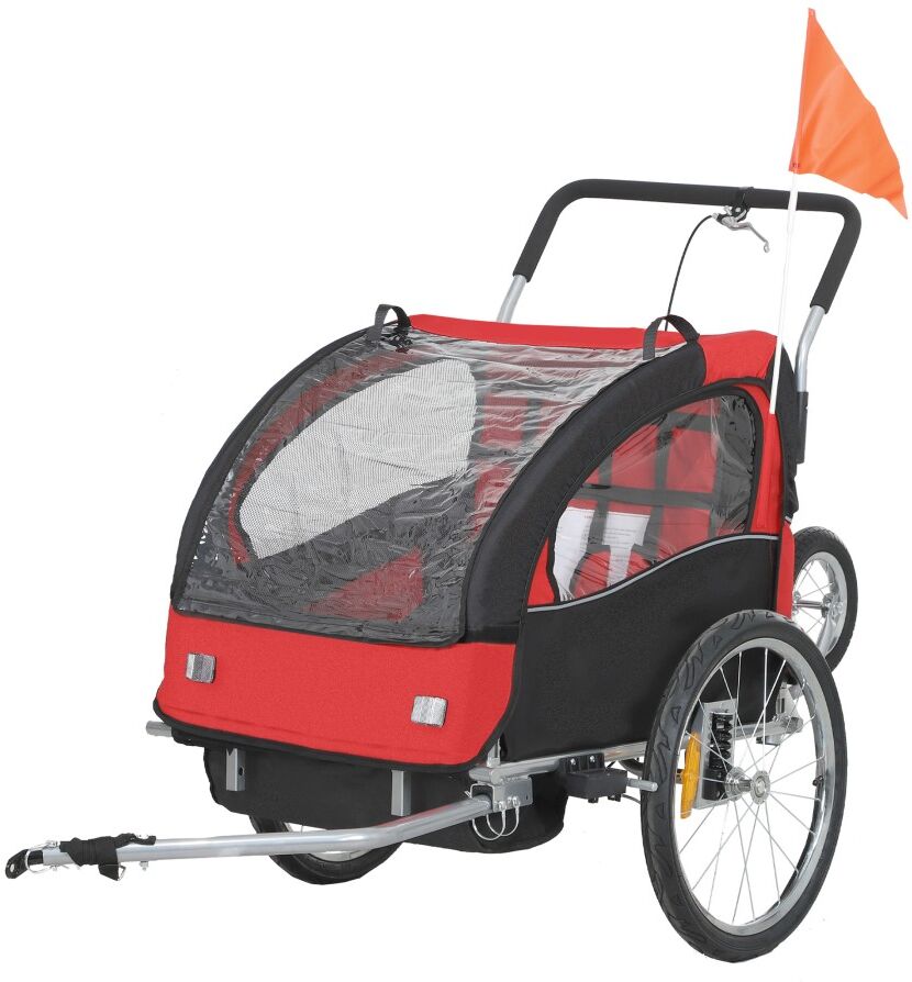 MHSTAR UK LTD HOMCOM 2 Seat Bike Trailer for Kids, Baby Bike Stroller with 5 Point Harness, Child Bicycle Trailer with Safety Flag, Reflectors, Windproof Curtain, f