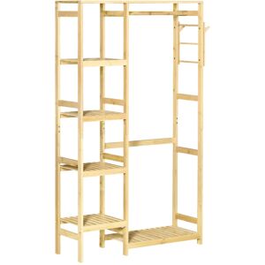MHSTAR UK LTD HOMCOM Bamboo Garment Rack, Clothes Rack with Storage Shelf, Hanging Rail and Side Hooks for Entryway, Bedroom, Bathroom and Office, Natural