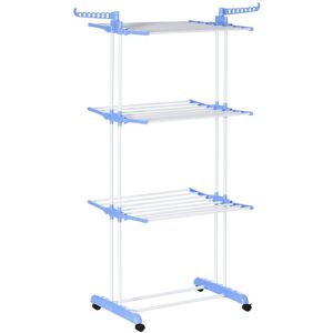 MHSTAR UK LTD HOMCOM 4-Tier Clothes Airer, Foldable Clothes Drying Rack with Wheels and Wings, Steel Garment Laundry Rack for Indoor and Outdoor Use, Blue