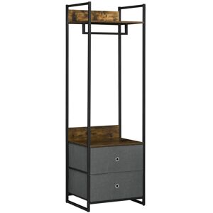 MHSTAR UK LTD HOMCOM Clothes Rail, Metal Coat Stand, Garment Rack with 2 Fabric Storage Drawers, Single Wardrobe for Bedroom, Hallway, Rustic Brown and Grey