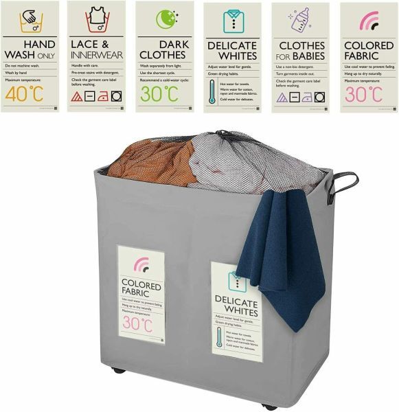 MantraRaj Infotech LTD. 120L Collapsible 2 Section Laundry Storage Basket on Wheels Mesh Cover - GREY