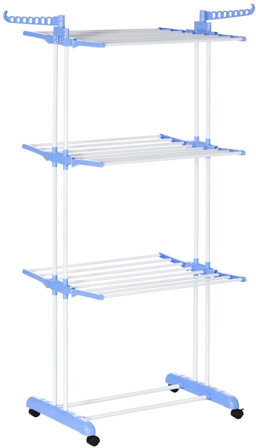 MHSTAR UK LTD HOMCOM 4-Tier Clothes Airer, Foldable Clothes Drying Rack with Wheels and Wings, Steel Garment Laundry Rack for Indoor and Outdoor Use, Blue