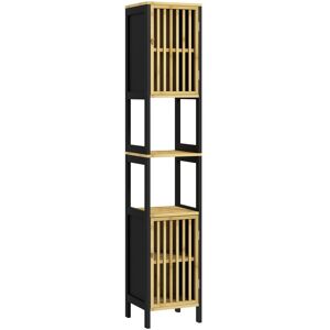 MHSTAR UK LTD HOMCOM Tall Bathroom Storage Cabinet, Slim Bamboo Bathroom Cabinet with 2 Open Compartments, 2 Slatted Doors and Adjustable Shelves, Black
