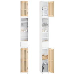 SoBuy Commercial GmbH SoBuy BZR34-BW, Bathroom Tall Cabinet 20cm, Slim Freestanding Bathroom Storage Unit with Adjustable Shelves and Bamboo Doors, Space-Saving Storage Cup