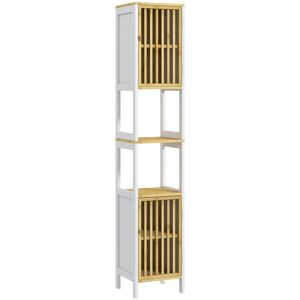 MHSTAR UK LTD HOMCOM Tall Bathroom Storage Cabinet, Slim Bamboo Bathroom Cabinet with 2 Open Compartments, 2 Slatted Doors and Adjustable Shelves, White