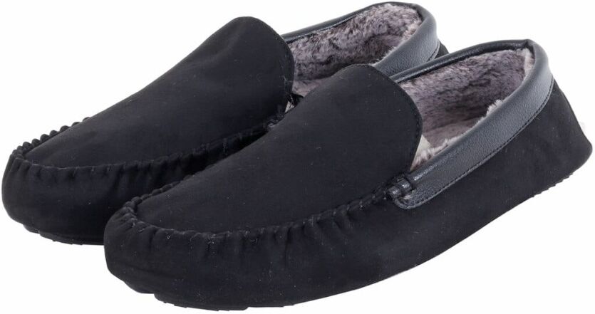 XS-Stock.com Ltd Mens Moccasin Slippers Luxury Microsuede Fur Lining Non-Slip - Black - 11