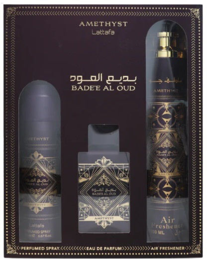 Luxe Lattafa Bade'e Al Oud Amethyst 100ml EDP Spray + 200ml Perfume Spray + 300ml Air Freshener Gift Set