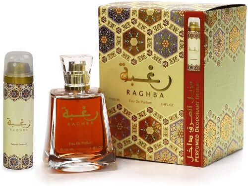 Luxe Lattafa Raghba 100ml Eau De Parfum Spray + Perfumed Spray Set
