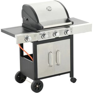 MHSTAR UK LTD Outsunny Gas Barbecue Grill 3+1 Burner Garden Smoker BBQ Trolley w/ Side Burner Warming Rack Side Shelves Storage Cabinet Piezo Ignition Thermometer S