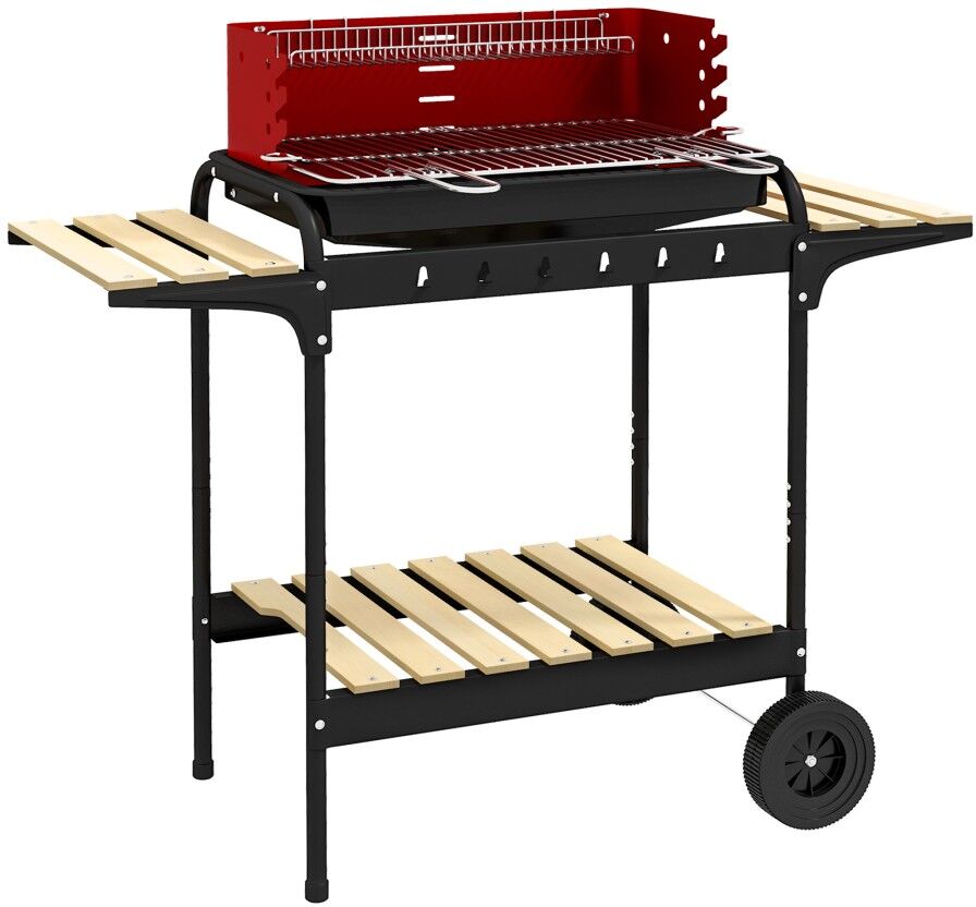 MHSTAR UK LTD Outsunny Charcoal Barbecue Grill with Adjustable Grill Height, Portable BBQ Trolley with Ash Catcher and Wheels for Outdoor Garden Party Cooking, Red