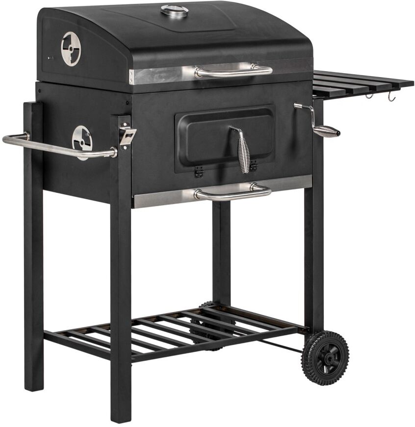 MHSTAR UK LTD Outsunny Charcoal Grill BBQ Trolley with Adjustable Charcoal Grate, Garden Metal Smoker Barbecue with Shelf, Side Table, Wheels, Built-in Thermometer,