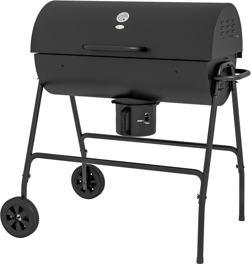 MHSTAR UK LTD Outsunny Charcoal Barbecue Grill, Portable Barrel BBQ Trolley Smoker with Wheels, Ash Catcher and Thermometer for Outdoor Garden Party Cooking, Black