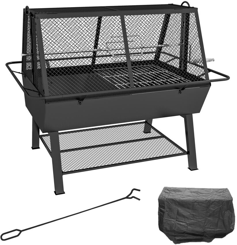 MHSTAR UK LTD Outsunny 3-in-1 BBQ Rotisserie Grill Roaster Fire Pit with Storage Shelf, Mesh Lid and Poker, Charcoal Chicken Spit Roast Machine for Outdoor Picnic C