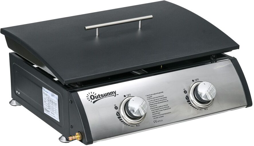 MHSTAR UK LTD Outsunny Gas Plancha Grill with 2 Stainless Steel Burner, 10kW, Portable Tabletop Gas BBQ with Non-Stick Griddle for Camping Picnic Garden Party Festi