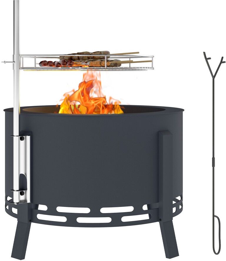 MHSTAR UK LTD Outsunny Portable Fire Pit, 58 cm Round Firepit with Grill Grate, Fire Bowl with Ash Catcher and Poker, Fire Pit BBQ for Garden Camping Bonfire Picnic