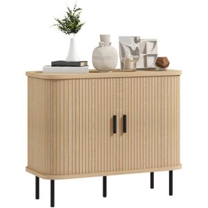MHSTAR UK LTD HOMCOM Mid-Century Modern Sideboard Storage Cabinet with Slatted Tambour Sliding Doors, Kitchen Cabinet with Steel Legs, Oak Tone