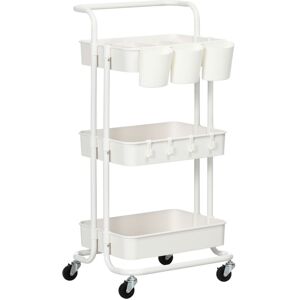 MHSTAR UK LTD HOMCOM 3 Tier Utility Rolling Cart, Kitchen Cart with 3 Removable Mesh Baskets, 3 Hanging Box, 4 Hooks and Dividers for Living Room, Laundry, Garage,