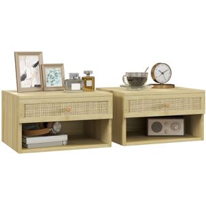 MHSTAR UK LTD HOMCOM Floating Bedside Tables, Nordic Nightstands Set of 2 with Rattan Drawer and Open Shelf for Bedroom, Nature Wood Finish