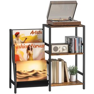 MHSTAR UK LTD HOMCOM Record Player Stand, 3-Tier Side Table with Vinyl Record Storage, End Table with 3 Oxford Cloth Magazine Racks for Living Room, Bedroom, Rustic
