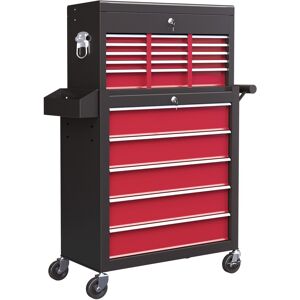 MHSTAR UK LTD HOMCOM Rolling Tool Cabinet on Wheels with 14 Drawers, Pegboard and Side Rack, Lockable Top Tool Chest and Roller Cabinet Combo for Workshop and Home,