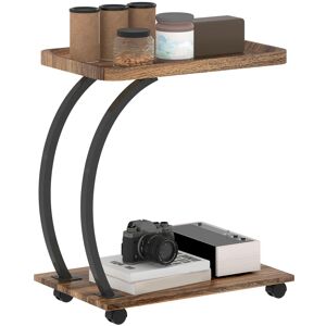 MHSTAR UK LTD HOMCOM C Shaped Side Table with Storage, Mobile 2-Tier Bedside Table with Tray Top, Wheels, Steel Frame for Living Room, Bedroom, Brown