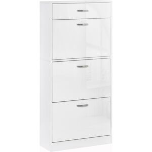 MHSTAR UK LTD HOMCOM Shoe Cabinet with 4 Drawers, High Gloss Storage Cupboard with Flip Doors with Adjustable Shelves for 18 Pairs White