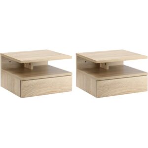 MHSTAR UK LTD HOMCOM Floating Bedside Table Set of 2, Wall Mount Nightstands with Storage Drawer and Open Shelf for Bedroom, Oak Tone