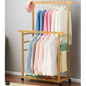 HMS precious limited Large Bamboo Clothes Rail with Wheels, Wooden Garment Rack with Shelves for Bedroom
