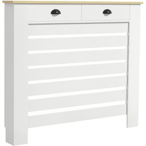 MHSTAR UK LTD HOMCOM Radiator Cover with Drawer, Horizontal Slatted Grill, White Painted MDF Wood Cabinet Shelf Heating Cover for Living Room Bedroom Hallway, Mediu