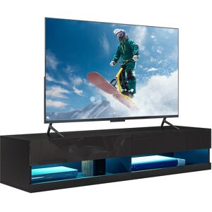 MHSTAR UK LTD HOMCOM Floating TV Unit Wall Mounted TV Cabinet, High Gloss Media Wall Unit with LED Lights, Storages Shelves for Living Entertainment Room, Black
