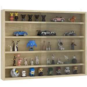 MHSTAR UK LTD HOMCOM 5-Tier Wall Display Shelf Unit Cabinet w/ 4 Adjustable Shelves Glass Doors Home Office Ornaments 60x80cm Oak