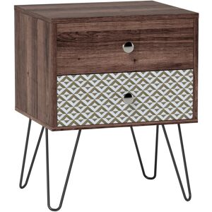 MHSTAR UK LTD HOMCOM 2-Drawer Bedside Table, Boho Wooden Nightstand Storage Unit, Bedside Cabinet with Steel Frame, Sofa End Side Table for Living Room, Bedroom, Sm