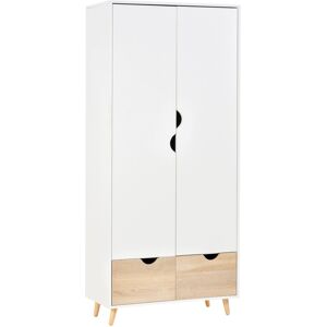 MHSTAR UK LTD HOMCOM 2-Door Clothes Wardrobe w/ Rail Shelf 2 Storage Drawers Wood Feet White