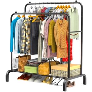 HMS precious limited Heavy Duty Double Rail Clothes Rack – Steel Garment Hanging Stand with Shelf, 110cm Black Display Rail HMS precious limited Heavy Duty Double Rail Clothes Rack – Steel Garment Hanging Stand with Shelf, 110cm Black Display Rail