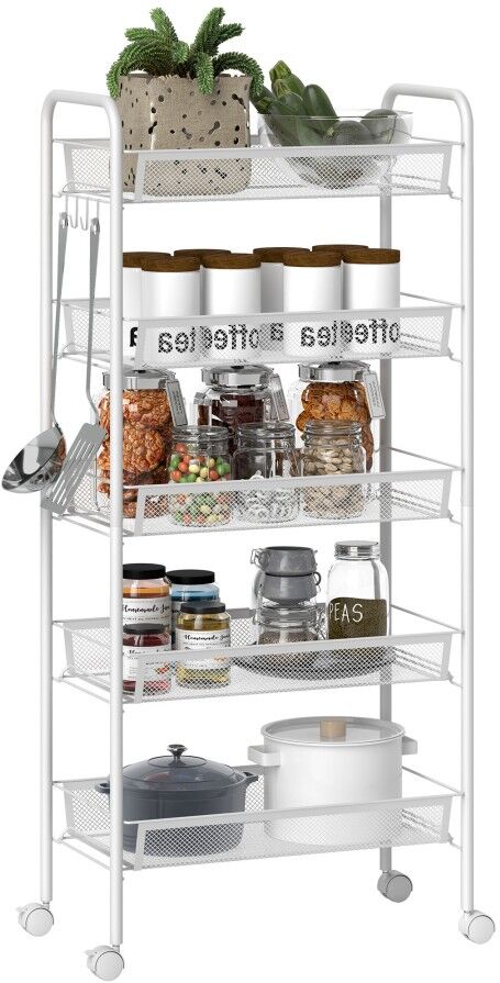 MHSTAR UK LTD HOMCOM 5 Tier Utility Rolling Cart, Metal Storage Cart, Kitchen Cart with Removable Mesh Baskets, for Living Room, Laundry, Garage and Bathroom, White