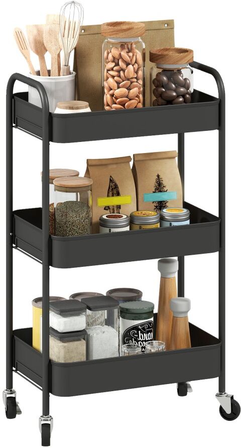 MHSTAR UK LTD HOMCOM 3-tier Storage Trolley on Wheels, Metal Storage Cart, Rolling Ultility Cart with 3 Mesh Baskets for Living Room, Kitchen, Black