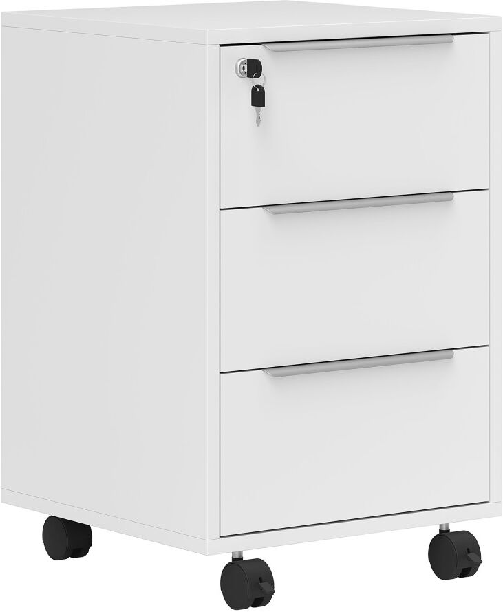 MHSTAR UK LTD HOMCOM 3-Drawer Lockable Filing Cabinet, File Cabinet on Wheels, Mobile Office Storage Drawers for Home Office, Bedroom and Living Room, White