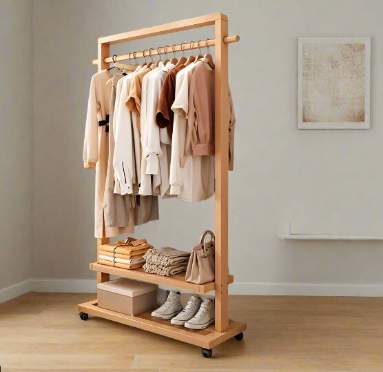 HMS precious limited Rolling Bamboo Clothes Rail with Shelf – Heavy Duty Wooden Garment Hanging Stand with Wheels