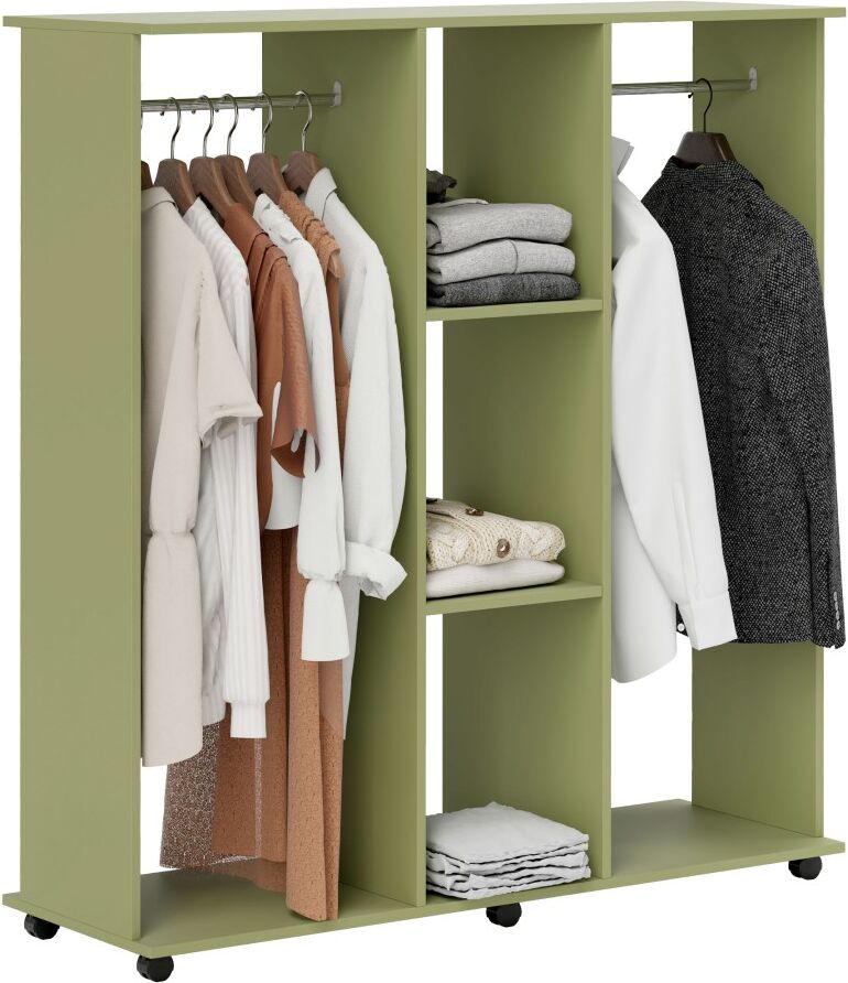 MHSTAR UK LTD HOMCOM Double Open Wardrobe on Wheels, Bedroom Wardrobe with Clothes Hanging Rails, 3 Storage Shelves, Mobile Garment Rack for Cloakroom, Hallway, Gre