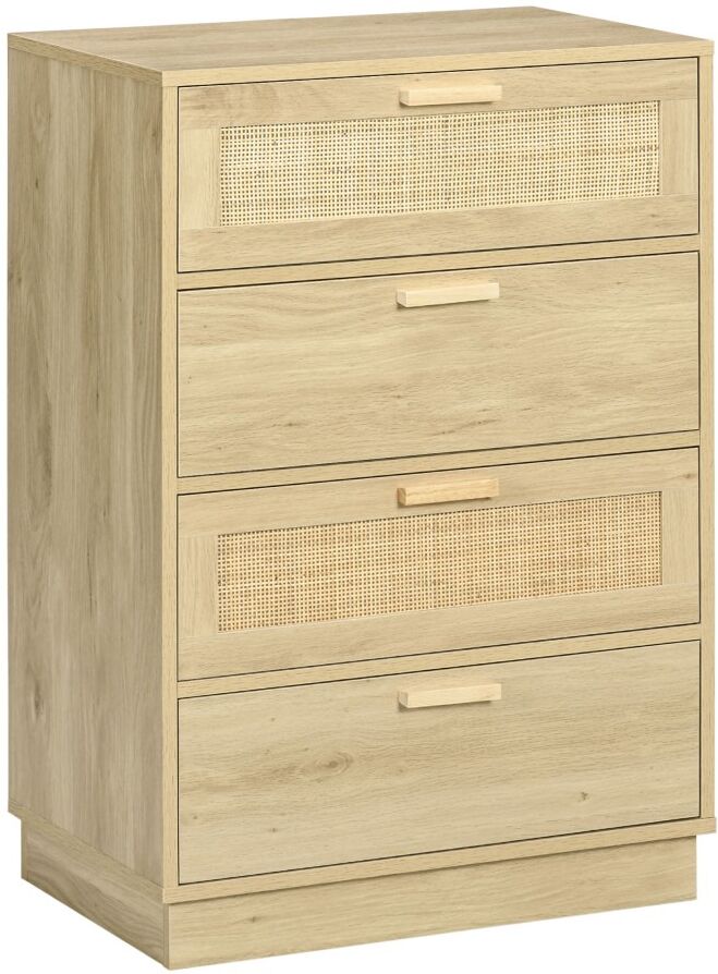 MHSTAR UK LTD HOMCOM Bedroom Chest of Drawers, Boho Rattan Dresser with 4 Drawers, Storage Cabinet for Living Room, Hallway, Entryway, Natural Wood Finish