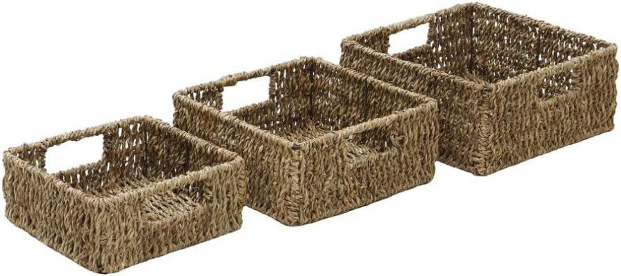 MantraRaj Infotech LTD. MantraRaj Seagrass Sqare Storage Baskets With Inset Handles Set Of 3 Hand-Woven Display Hampers Storage Decorative Baskets Natural Shelf Underbed Wove